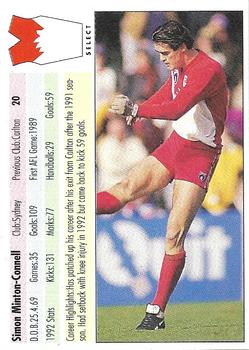 1993 Select AFL #20 Simon Minton-Connell Back